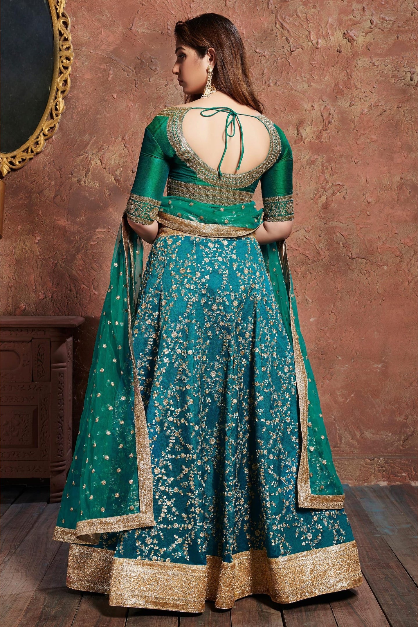 Teal Art Silk Lehenga Choli For Indian & Pakistani Wedding Festival - Sequins & Thread Embroidery Work, Dori Work, Zari Work