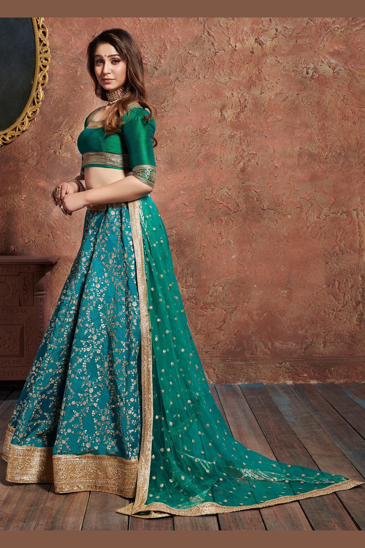 Teal Art Silk Lehenga Choli For Indian & Pakistani Wedding Festival - Sequins & Thread Embroidery Work, Dori Work, Zari Work