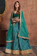 Teal Art Silk Lehenga Choli For Indian & Pakistani Wedding Festival - Sequins & Thread Embroidery Work, Dori Work, Zari Work