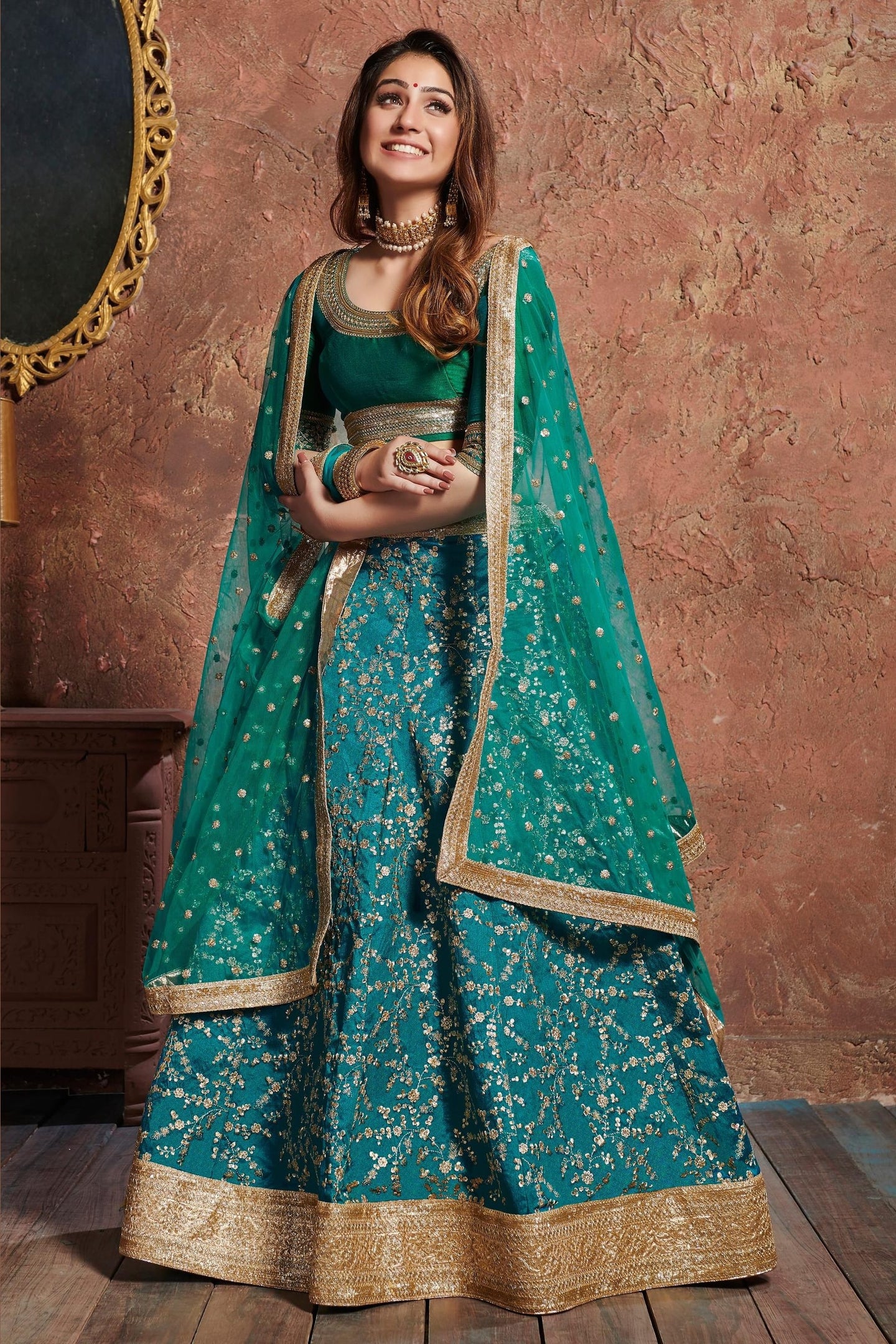 Teal Art Silk Lehenga Choli For Indian & Pakistani Wedding Festival - Sequins & Thread Embroidery Work, Dori Work, Zari Work