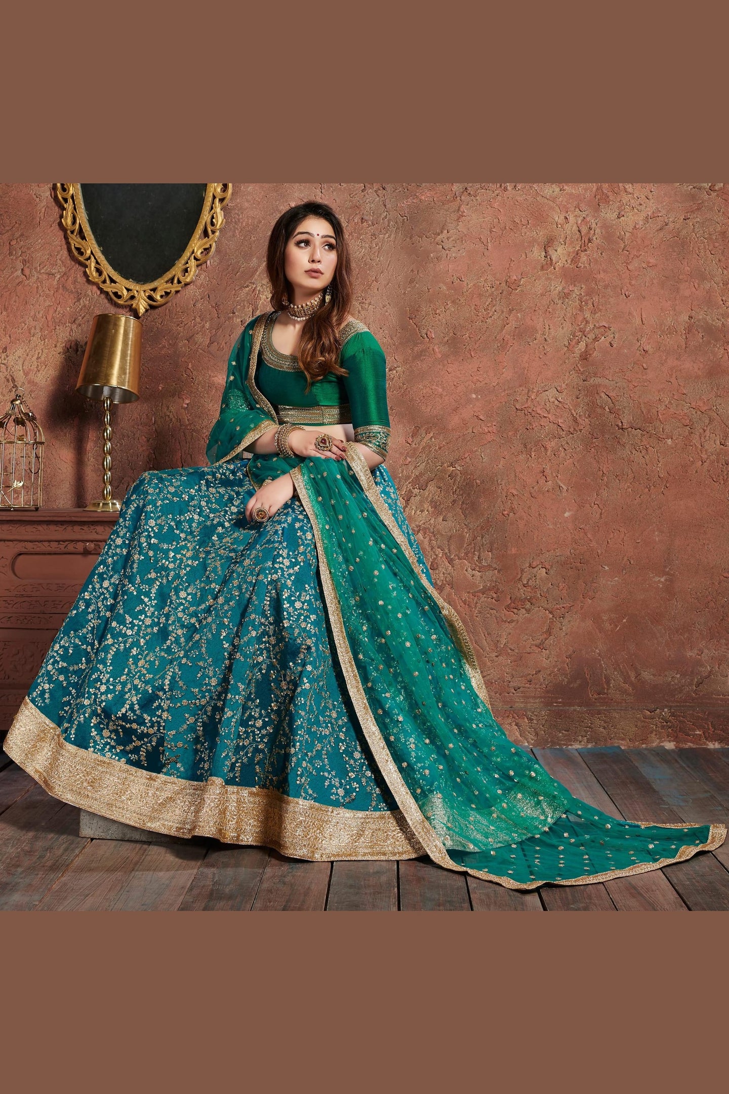 Teal Art Silk Lehenga Choli For Indian & Pakistani Wedding Festival - Sequins & Thread Embroidery Work, Dori Work, Zari Work