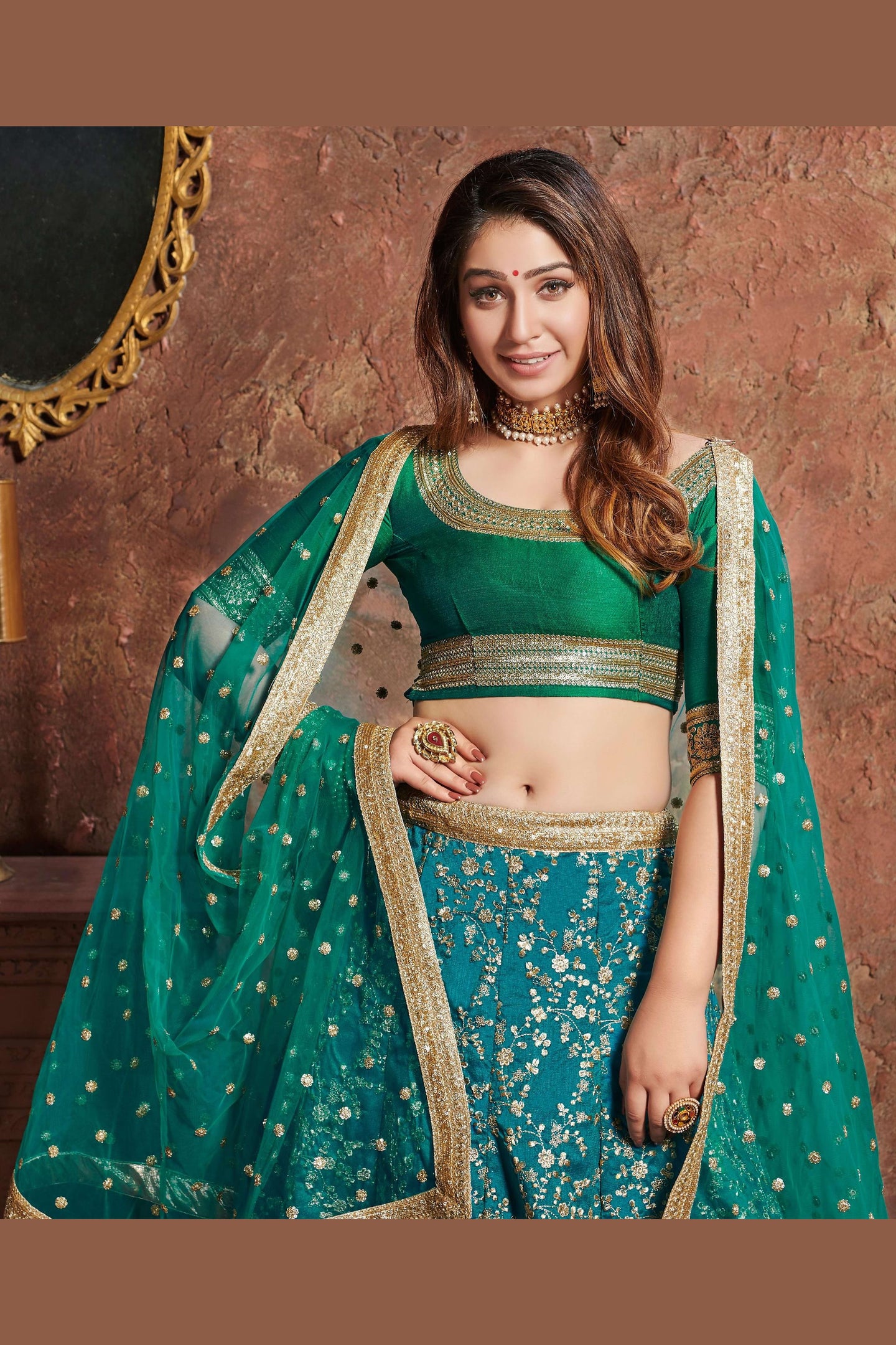 Teal Art Silk Lehenga Choli For Indian & Pakistani Wedding Festival - Sequins & Thread Embroidery Work, Dori Work, Zari Work