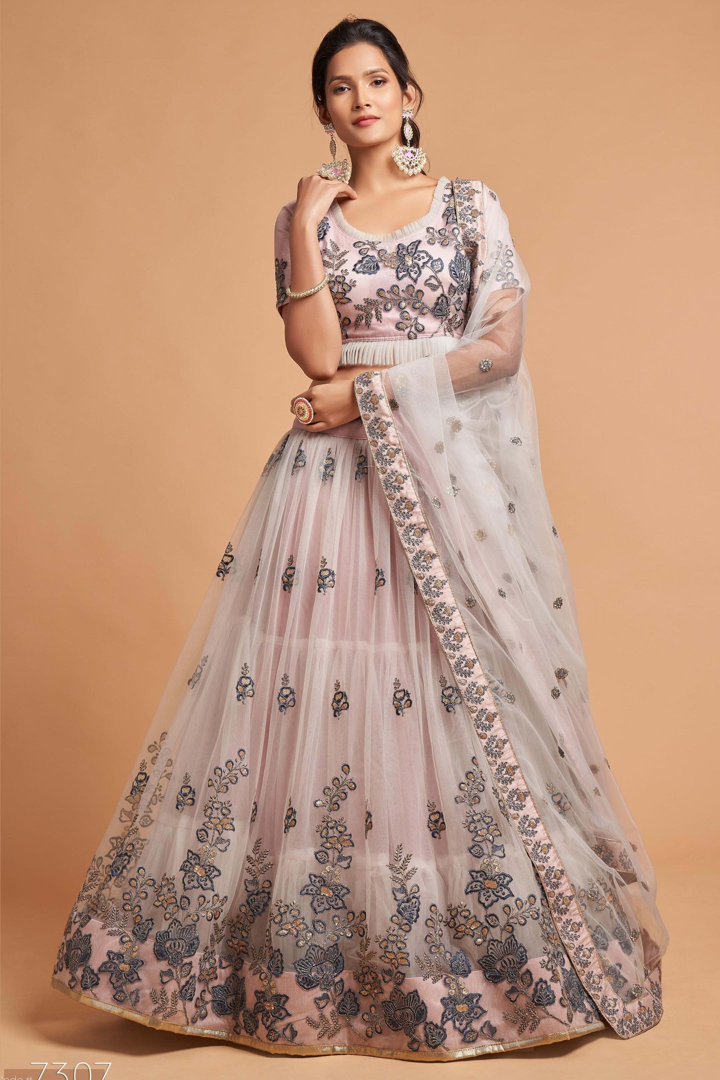 Light Grey Net Partywear Lehenga Choli For Indian & Pakistani Wedding Festival - Sequins & Thread Embroidery Work, Zari Work, Dori Work