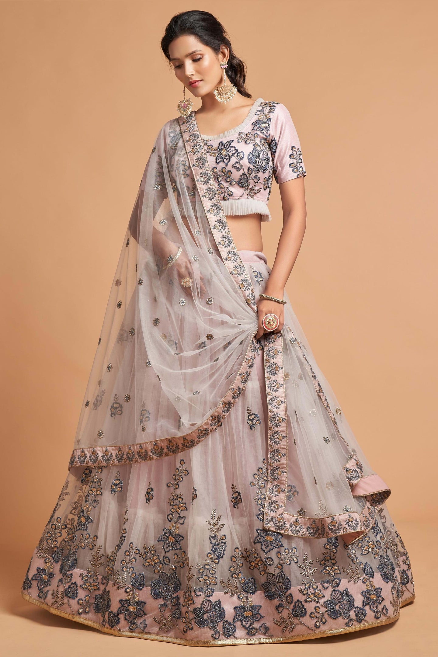 Light Grey Net Partywear Lehenga Choli For Indian & Pakistani Wedding Festival - Sequins & Thread Embroidery Work, Zari Work, Dori Work