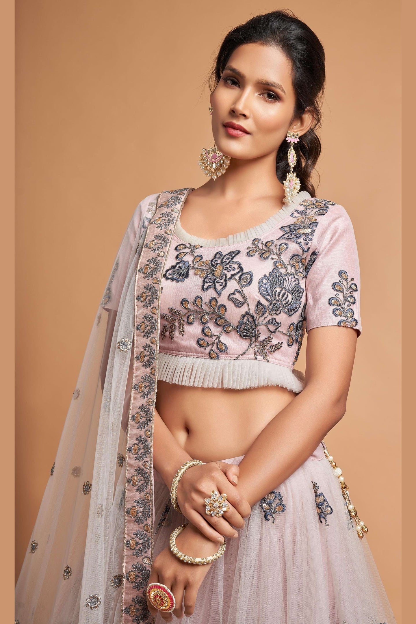 Light Grey Net Partywear Lehenga Choli For Indian & Pakistani Wedding Festival - Sequins & Thread Embroidery Work, Zari Work, Dori Work