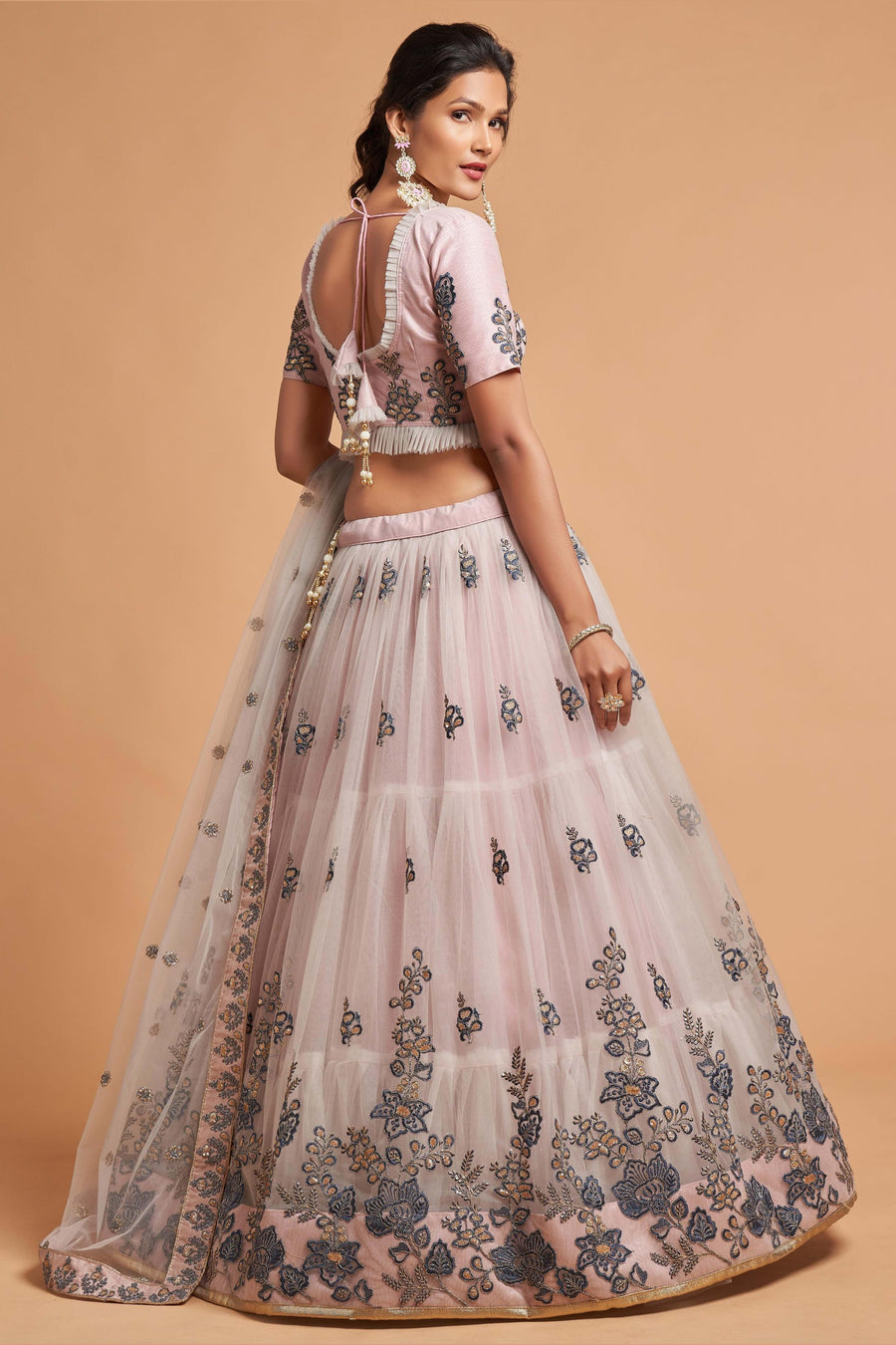 Light Grey Net Partywear Lehenga Choli For Indian & Pakistani Wedding Festival - Sequins & Thread Embroidery Work, Zari Work, Dori Work