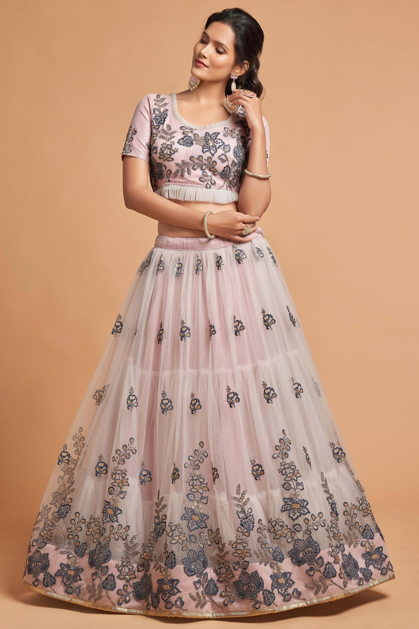 Light Grey Net Partywear Lehenga Choli For Indian & Pakistani Wedding Festival - Sequins & Thread Embroidery Work, Zari Work, Dori Work