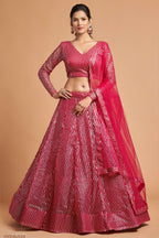Magenta Net Partywear Lehenga Choli For Indian & Pakistani Wedding Festival - Sequins & Thread Embroidery Work