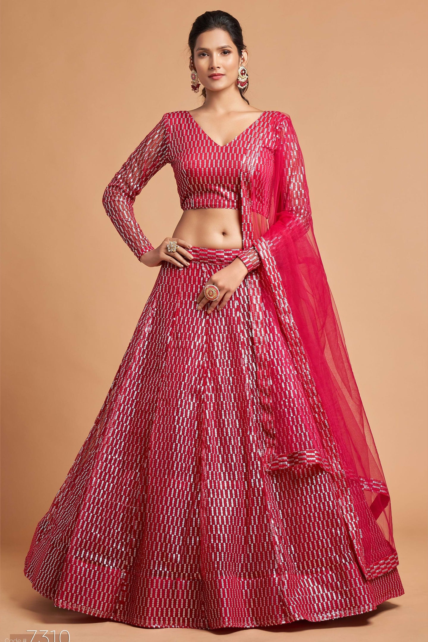 Magenta Net Partywear Lehenga Choli For Indian & Pakistani Wedding Festival - Sequins & Thread Embroidery Work