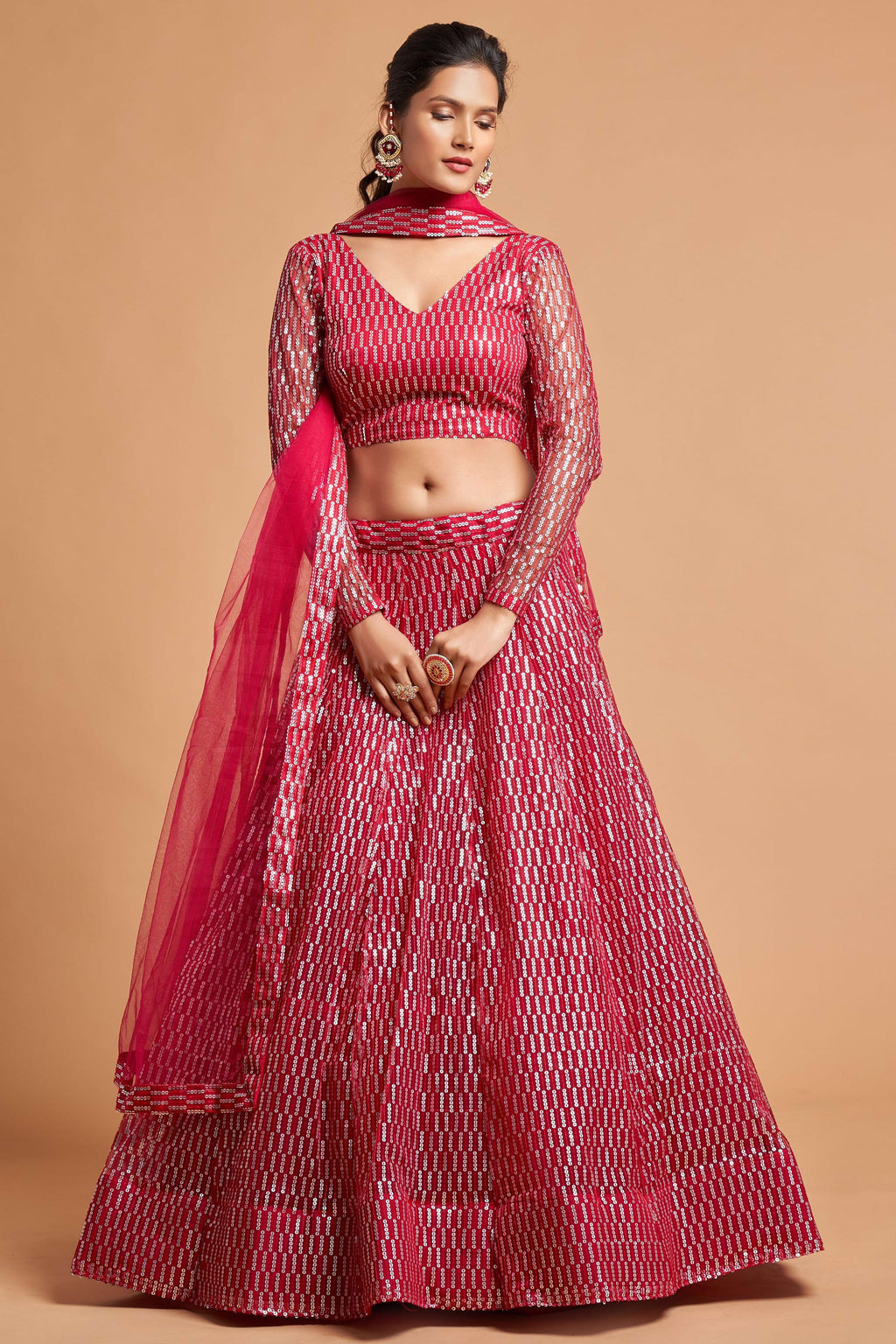 Magenta Net Partywear Lehenga Choli For Indian & Pakistani Wedding Festival - Sequins & Thread Embroidery Work