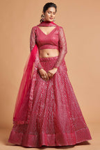 Magenta Net Partywear Lehenga Choli For Indian & Pakistani Wedding Festival - Sequins & Thread Embroidery Work