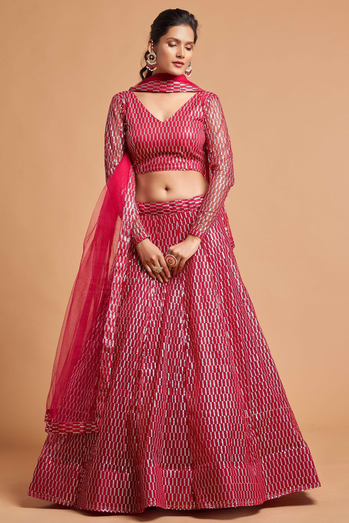 Magenta Net Partywear Lehenga Choli For Indian & Pakistani Wedding Festival - Sequins & Thread Embroidery Work