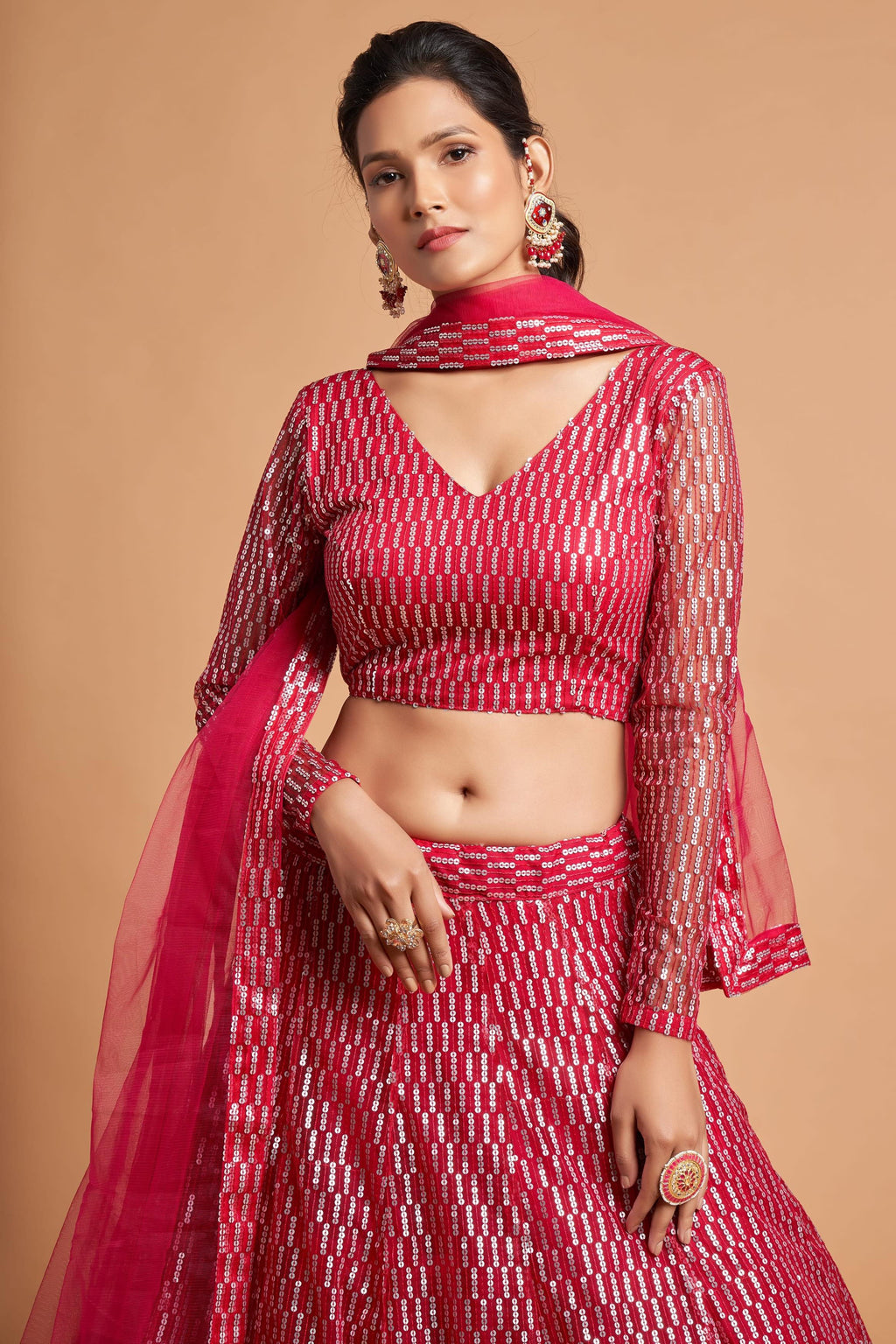 Magenta Net Partywear Lehenga Choli For Indian & Pakistani Wedding Festival - Sequins & Thread Embroidery Work