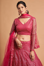 Magenta Net Partywear Lehenga Choli For Indian & Pakistani Wedding Festival - Sequins & Thread Embroidery Work