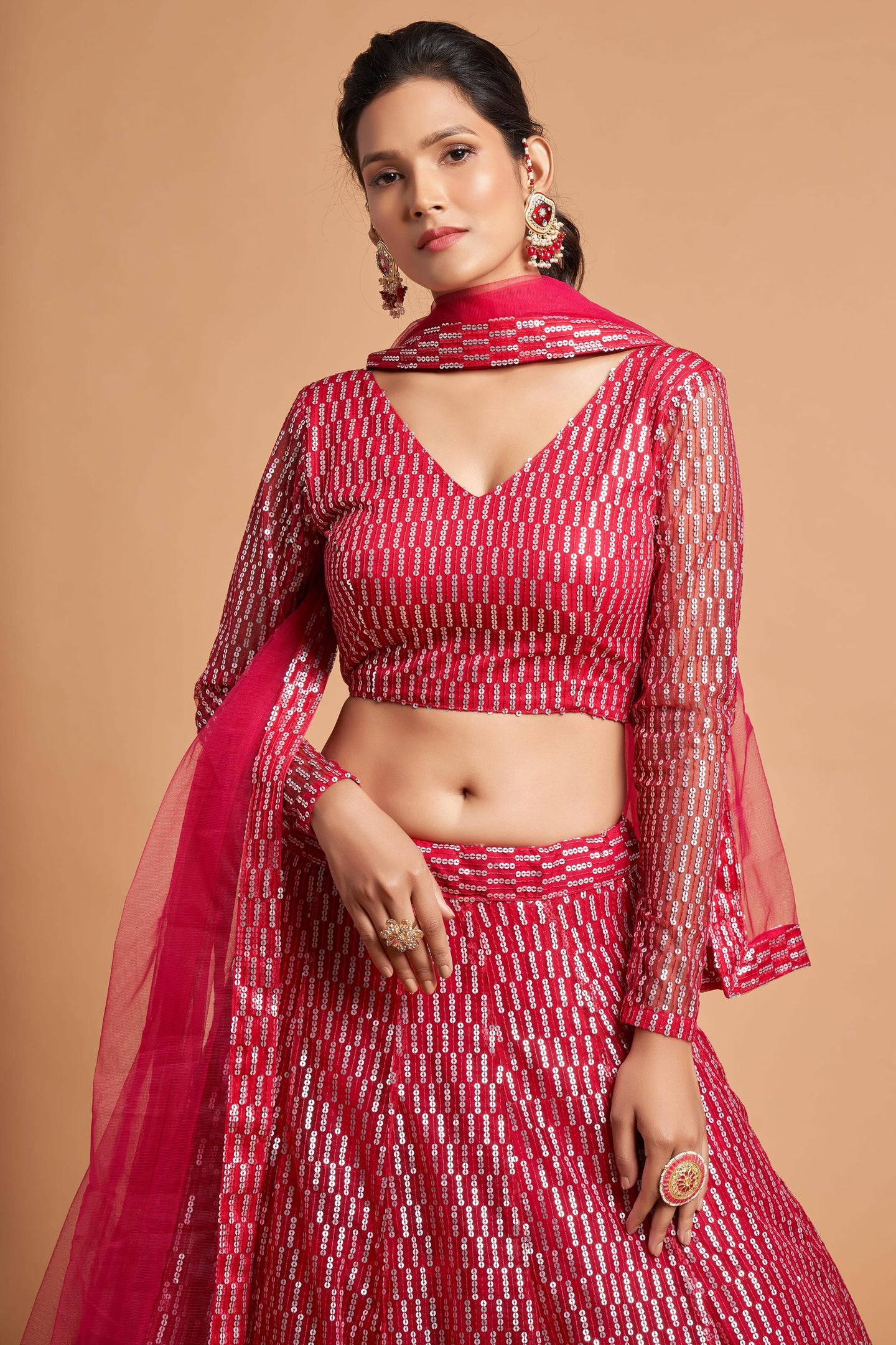 Magenta Net Partywear Lehenga Choli For Indian & Pakistani Wedding Festival - Sequins & Thread Embroidery Work