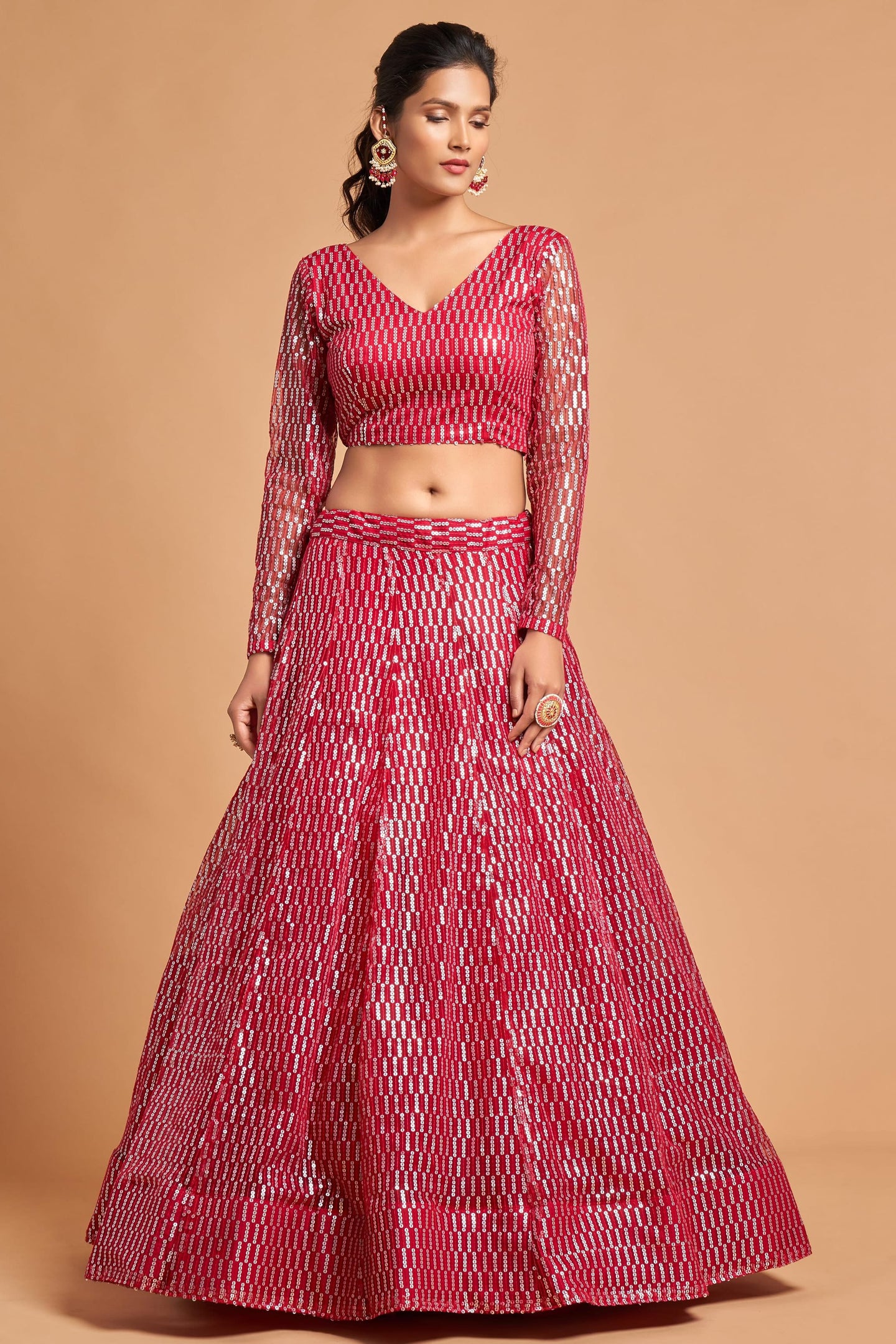 Magenta Net Partywear Lehenga Choli For Indian & Pakistani Wedding Festival - Sequins & Thread Embroidery Work