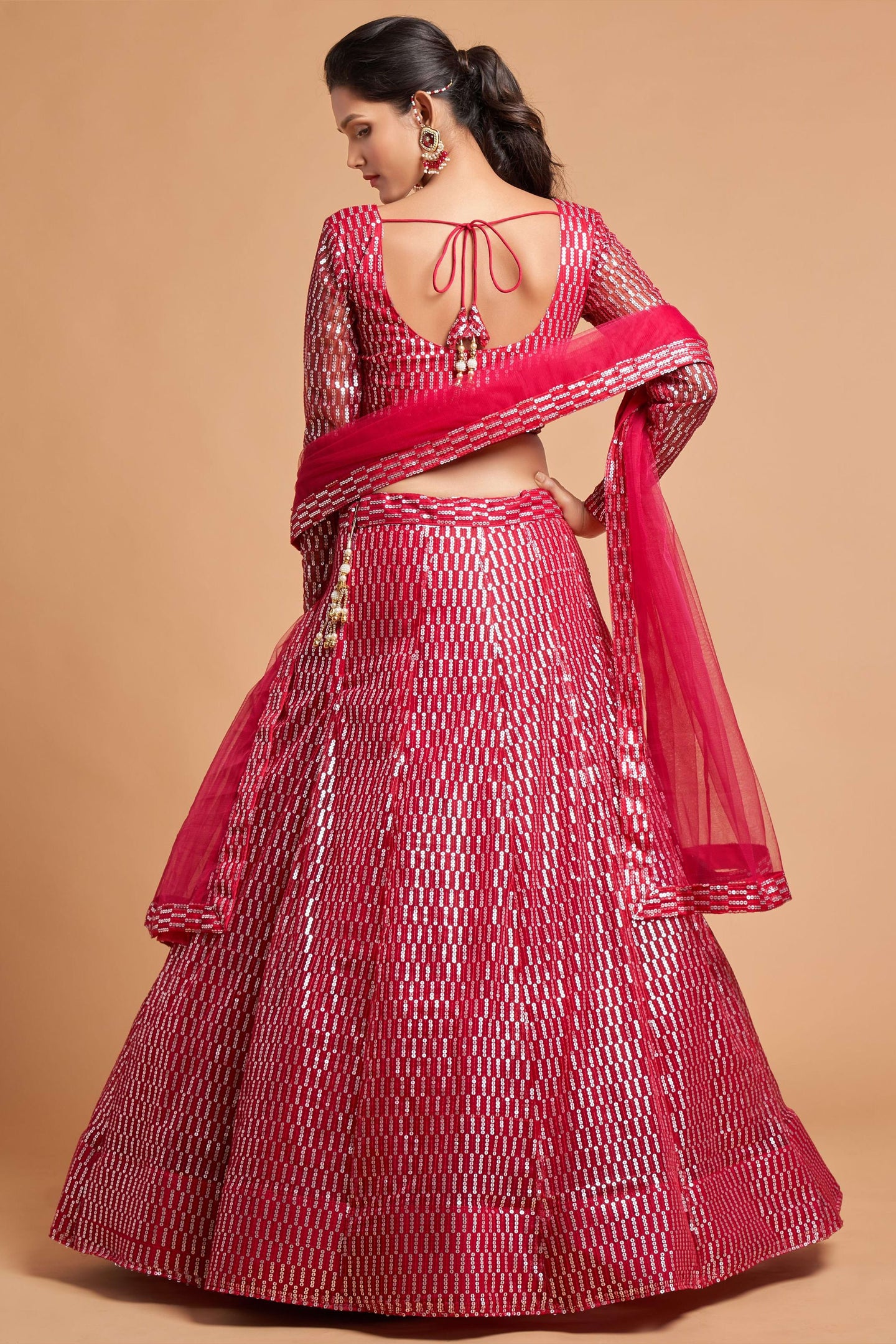 Magenta Net Partywear Lehenga Choli For Indian & Pakistani Wedding Festival - Sequins & Thread Embroidery Work