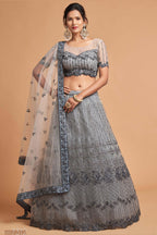 Grey Net Partywear Lehenga Choli For Indian & Pakistani Wedding Festival - Sequins & Thread Embroidery Work, Zari Work, Dori Work
