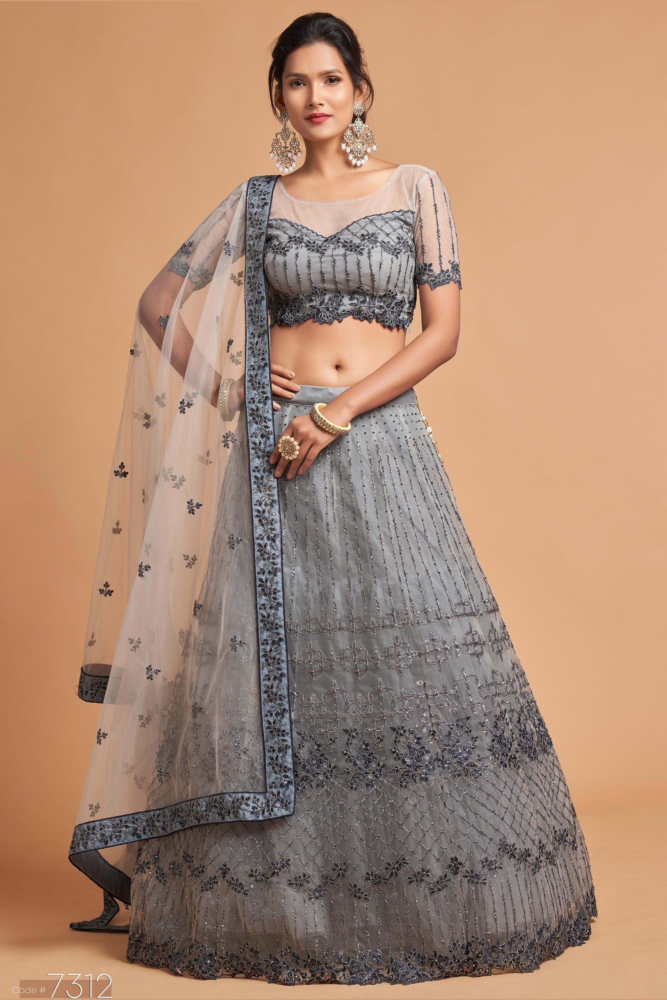 Grey Net Partywear Lehenga Choli For Indian & Pakistani Wedding Festival - Sequins & Thread Embroidery Work, Zari Work, Dori Work