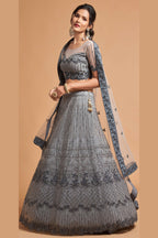 Grey Net Partywear Lehenga Choli For Indian & Pakistani Wedding Festival - Sequins & Thread Embroidery Work, Zari Work, Dori Work
