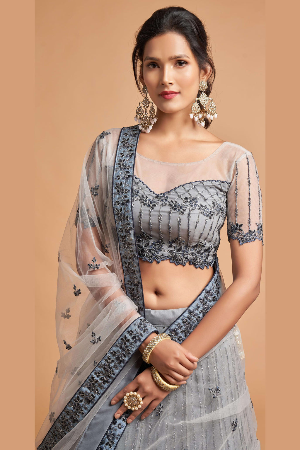 Grey Net Partywear Lehenga Choli For Indian & Pakistani Wedding Festival - Sequins & Thread Embroidery Work, Zari Work, Dori Work
