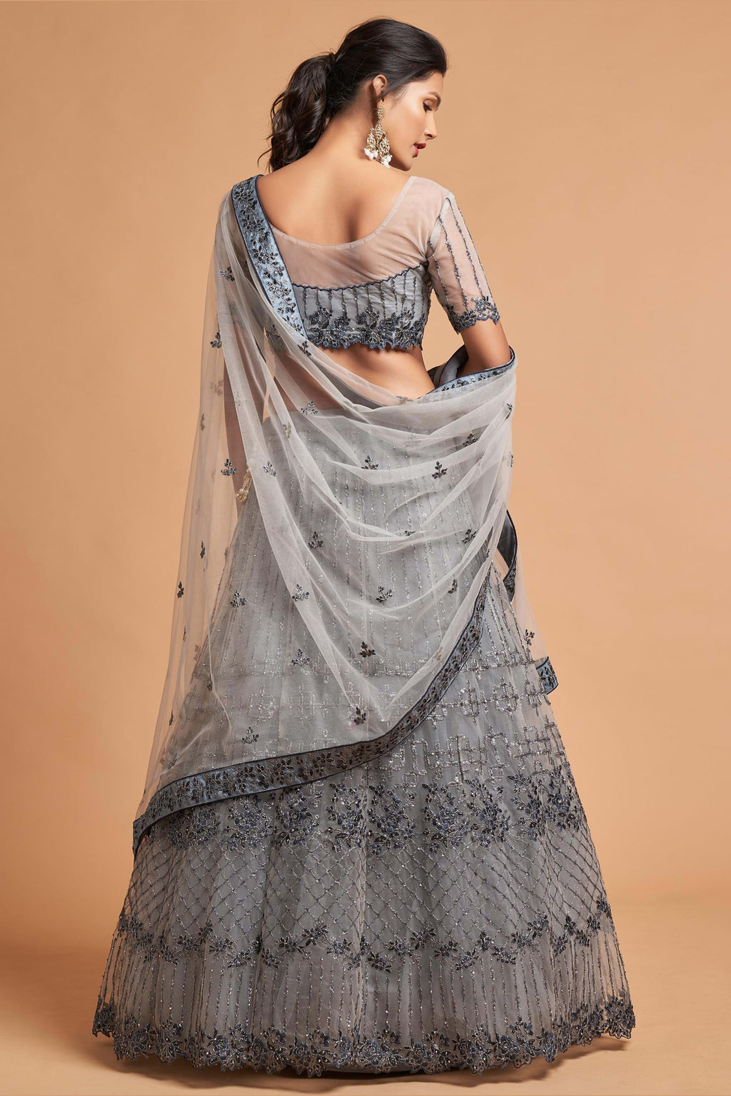 Grey Net Partywear Lehenga Choli For Indian & Pakistani Wedding Festival - Sequins & Thread Embroidery Work, Zari Work, Dori Work