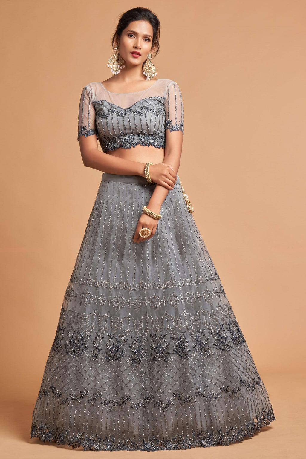 Grey Net Partywear Lehenga Choli