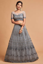 Grey Net Partywear Lehenga Choli For Indian & Pakistani Wedding Festival - Sequins & Thread Embroidery Work, Zari Work, Dori Work