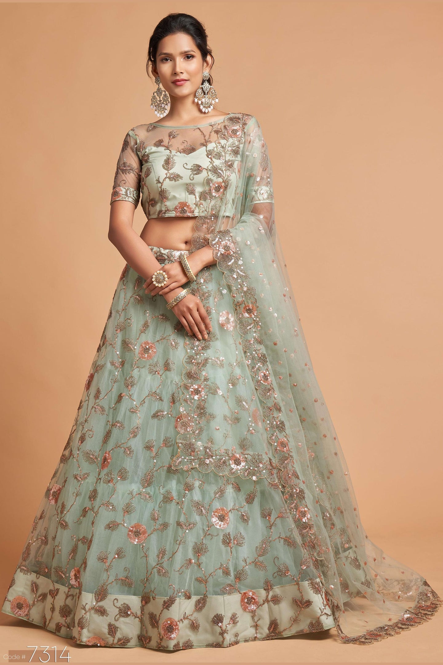 Mint Green Net Partywear Lehenga Choli For Indian & Pakistani Wedding Festival - Sequins & Thread Embroidery Work, Zari Work, Dori Work
