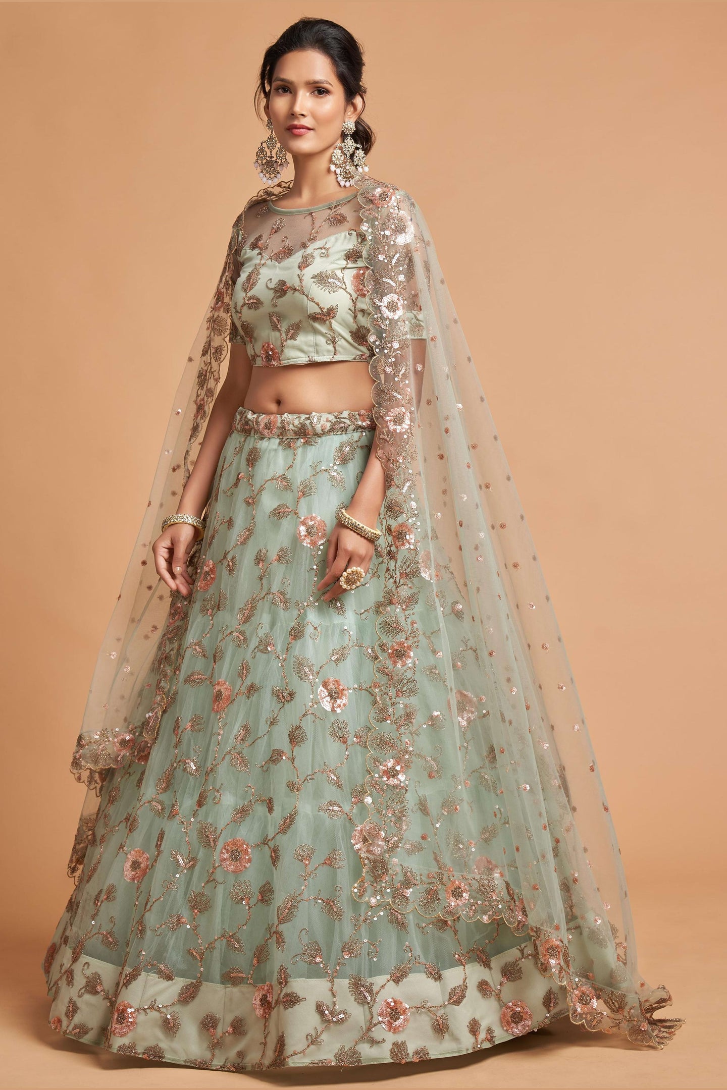 Mint Green Net Partywear Lehenga Choli For Indian & Pakistani Wedding Festival - Sequins & Thread Embroidery Work, Zari Work, Dori Work