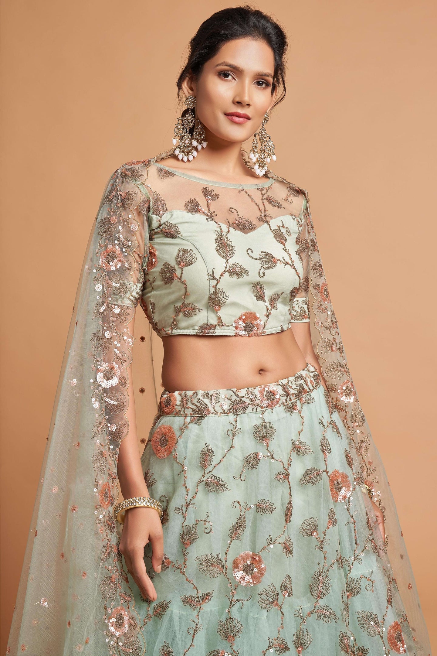 Mint Green Net Partywear Lehenga Choli For Indian & Pakistani Wedding Festival - Sequins & Thread Embroidery Work, Zari Work, Dori Work