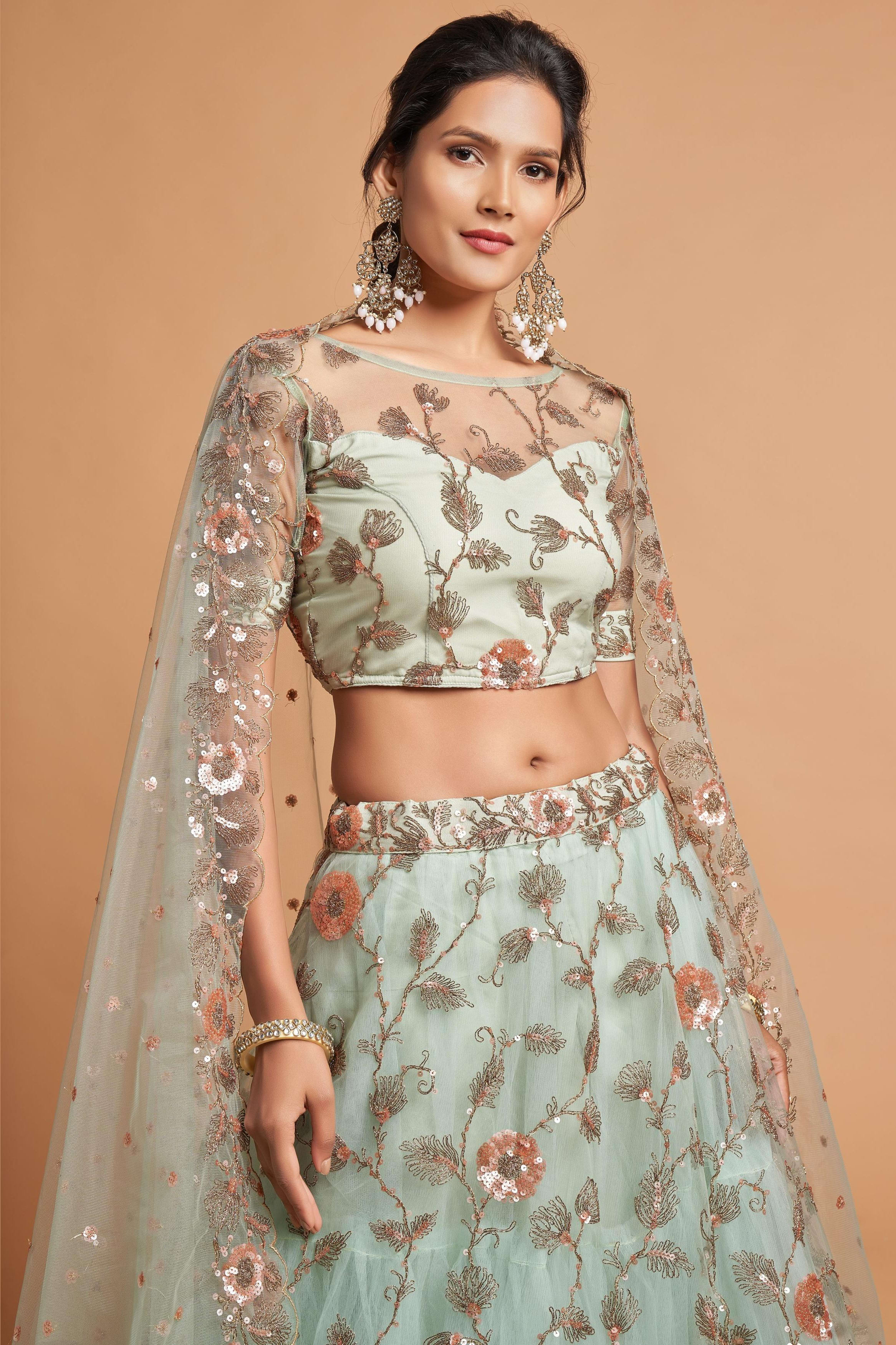 Mint Green Net Partywear Lehenga Choli For Indian & Pakistani Wedding Festival - Sequins & Thread Embroidery Work, Zari Work, Dori Work