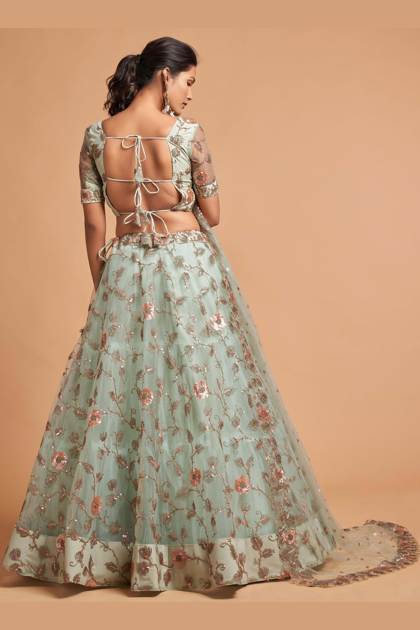 Mint Green Net Partywear Lehenga Choli For Indian & Pakistani Wedding Festival - Sequins & Thread Embroidery Work, Zari Work, Dori Work