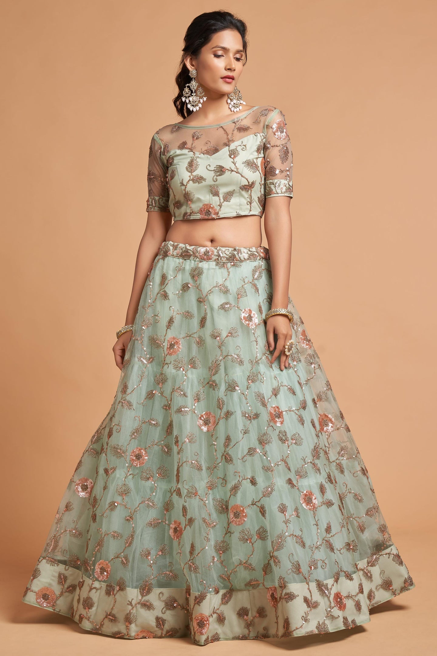 Mint Green Net Partywear Lehenga Choli For Indian & Pakistani Wedding Festival - Sequins & Thread Embroidery Work, Zari Work, Dori Work
