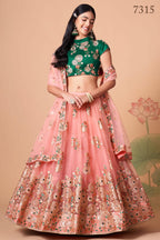 Peach Art Silk Lehenga Choli For Indian & Pakistani Wedding Festival - Sequins & Thread Embroidery Work, Zari Work, Real Mirror Work, Mirr