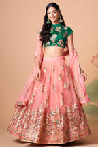 Peach Art Silk Lehenga Choli For Indian & Pakistani Wedding Festival - Sequins & Thread Embroidery Work, Zari Work, Real Mirror Work, Mirr