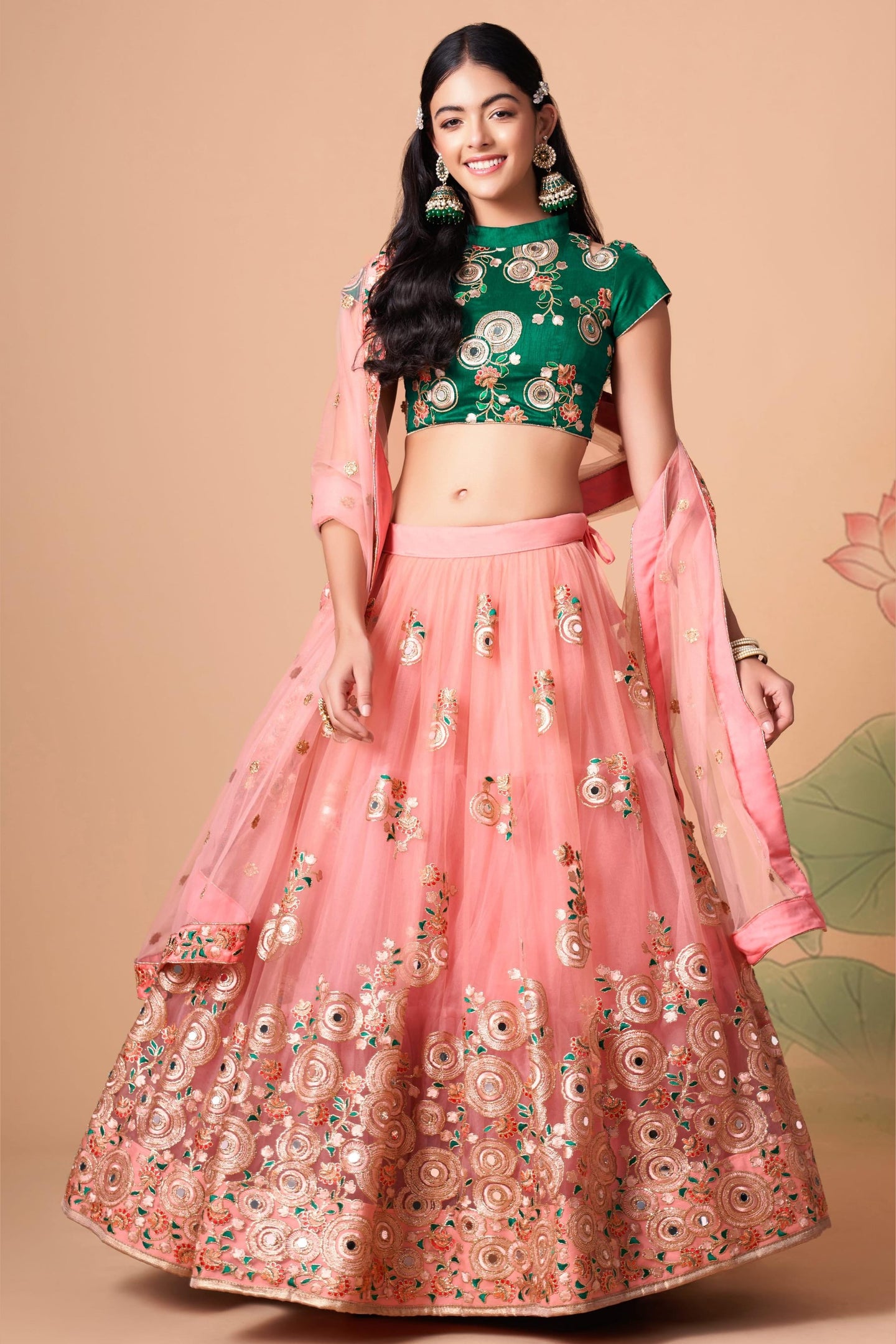 Peach Art Silk Partywear Lehenga Choli For Indian & Pakistani Wedding Festival - Sequins & Thread Embroidery Work, Zari Work, Dori Work