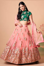 Peach Art Silk Lehenga Choli For Indian & Pakistani Wedding Festival - Sequins & Thread Embroidery Work, Zari Work, Real Mirror Work, Mirr