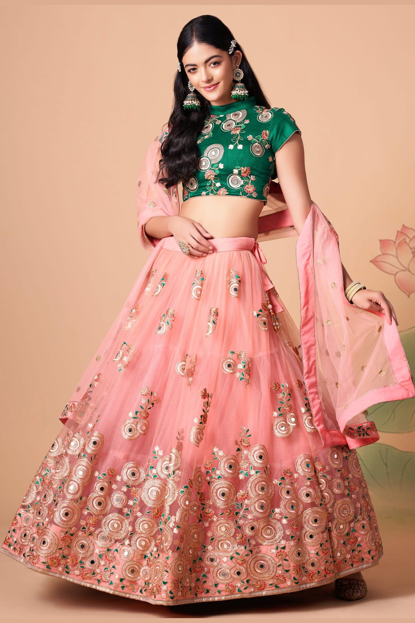 Peach Art Silk Partywear Lehenga Choli For Indian & Pakistani Wedding Festival - Sequins & Thread Embroidery Work, Zari Work, Dori Work