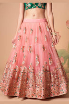 Peach Art Silk Partywear Lehenga Choli For Indian & Pakistani Wedding Festival - Sequins & Thread Embroidery Work, Zari Work, Dori Work