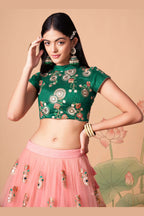 Peach Art Silk Lehenga Choli For Indian & Pakistani Wedding Festival - Sequins & Thread Embroidery Work, Zari Work, Real Mirror Work, Mirr