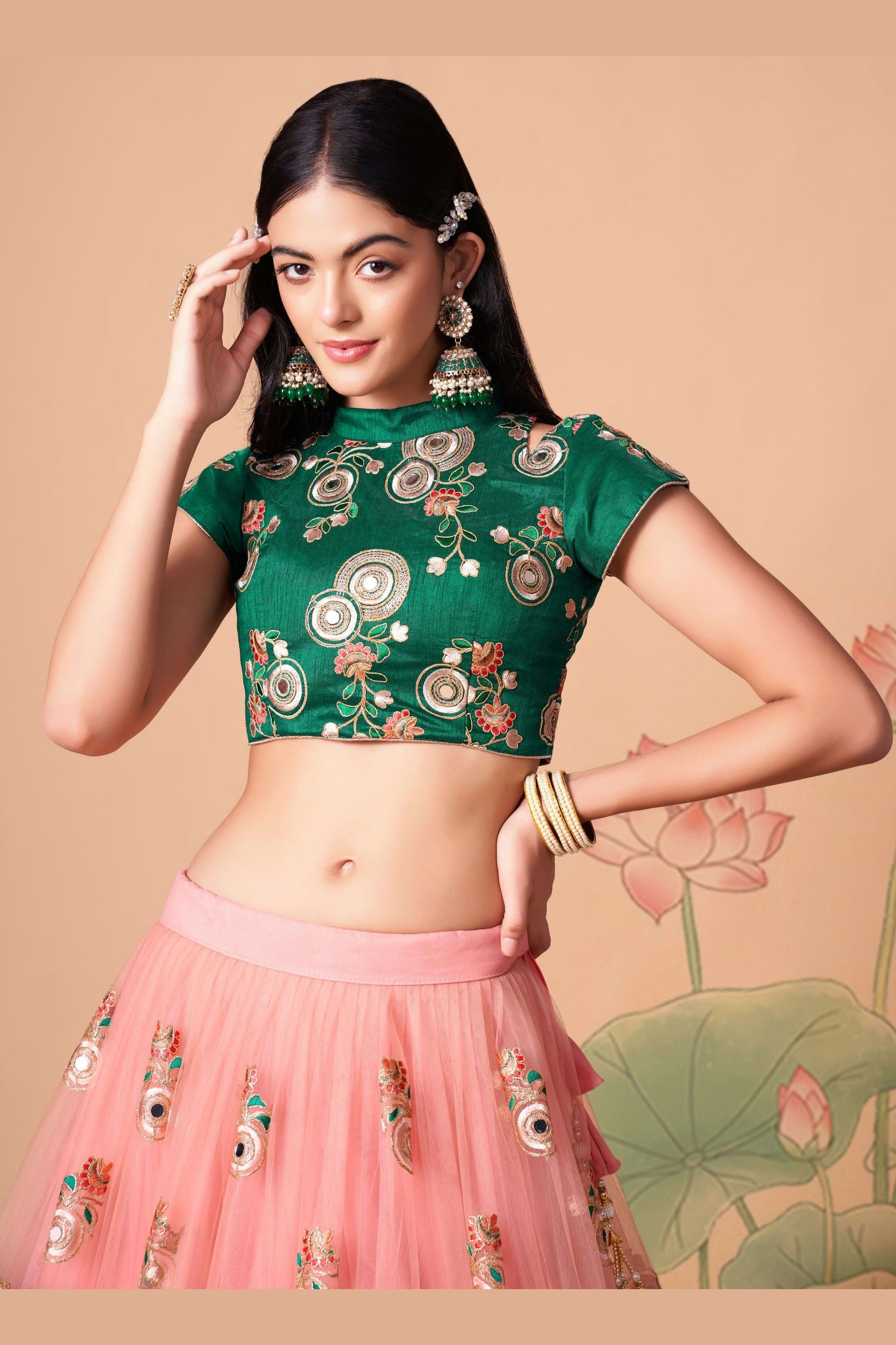 Peach Art Silk Lehenga Choli For Indian & Pakistani Wedding Festival - Sequins & Thread Embroidery Work, Zari Work, Real Mirror Work, Mirr