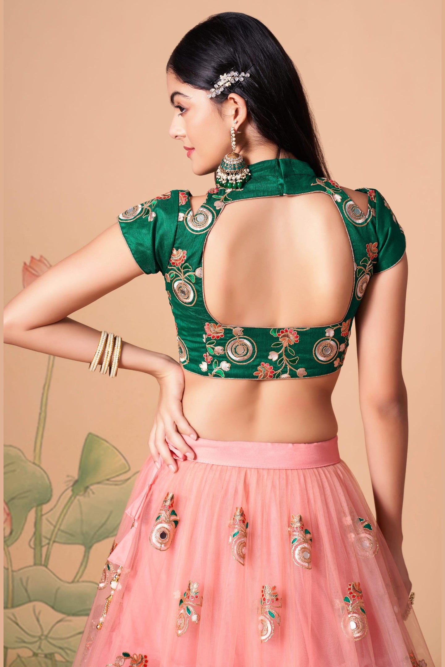 Peach Art Silk Lehenga Choli For Indian & Pakistani Wedding Festival - Sequins & Thread Embroidery Work, Zari Work, Real Mirror Work, Mirr