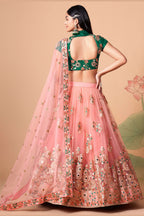 Peach Art Silk Lehenga Choli For Indian & Pakistani Wedding Festival - Sequins & Thread Embroidery Work, Zari Work, Real Mirror Work, Mirr