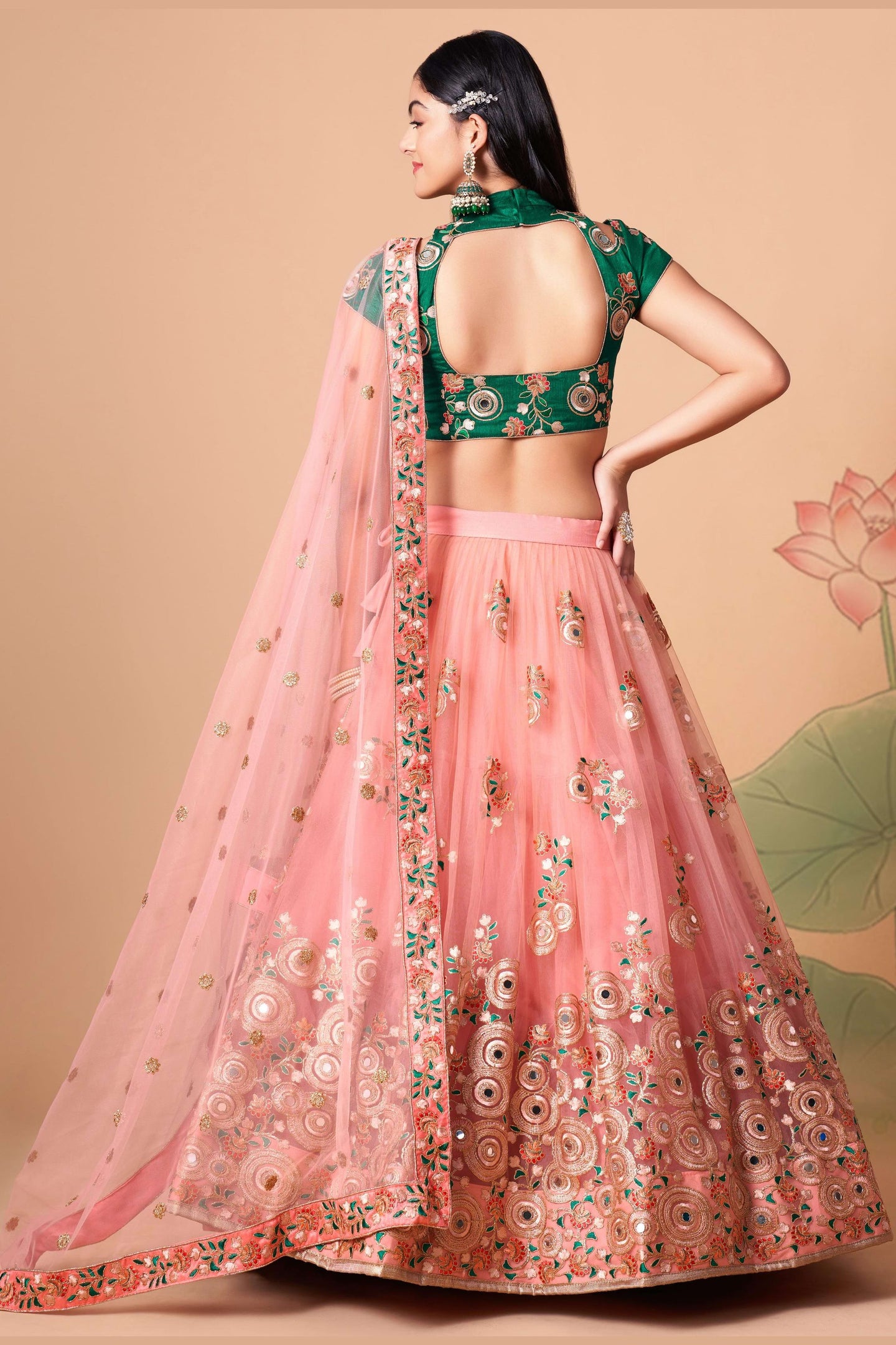 Peach Art Silk Lehenga Choli For Indian & Pakistani Wedding Festival - Sequins & Thread Embroidery Work, Zari Work, Real Mirror Work, Mirr