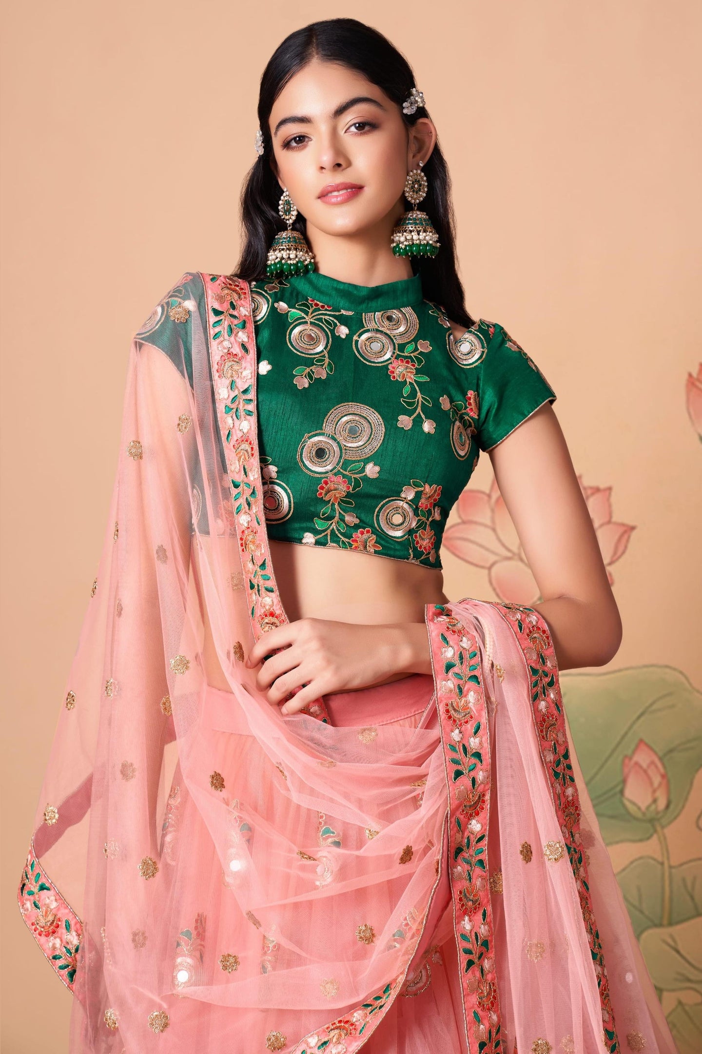 Peach Art Silk Lehenga Choli For Indian & Pakistani Wedding Festival - Sequins & Thread Embroidery Work, Zari Work, Real Mirror Work, Mirr