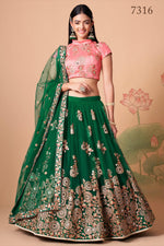 Green Art Silk Lehenga Choli For Indian & Pakistani Wedding Festival - Sequins & Thread Embroidery Work, Zari Work, Real Mirror Work, Mirr