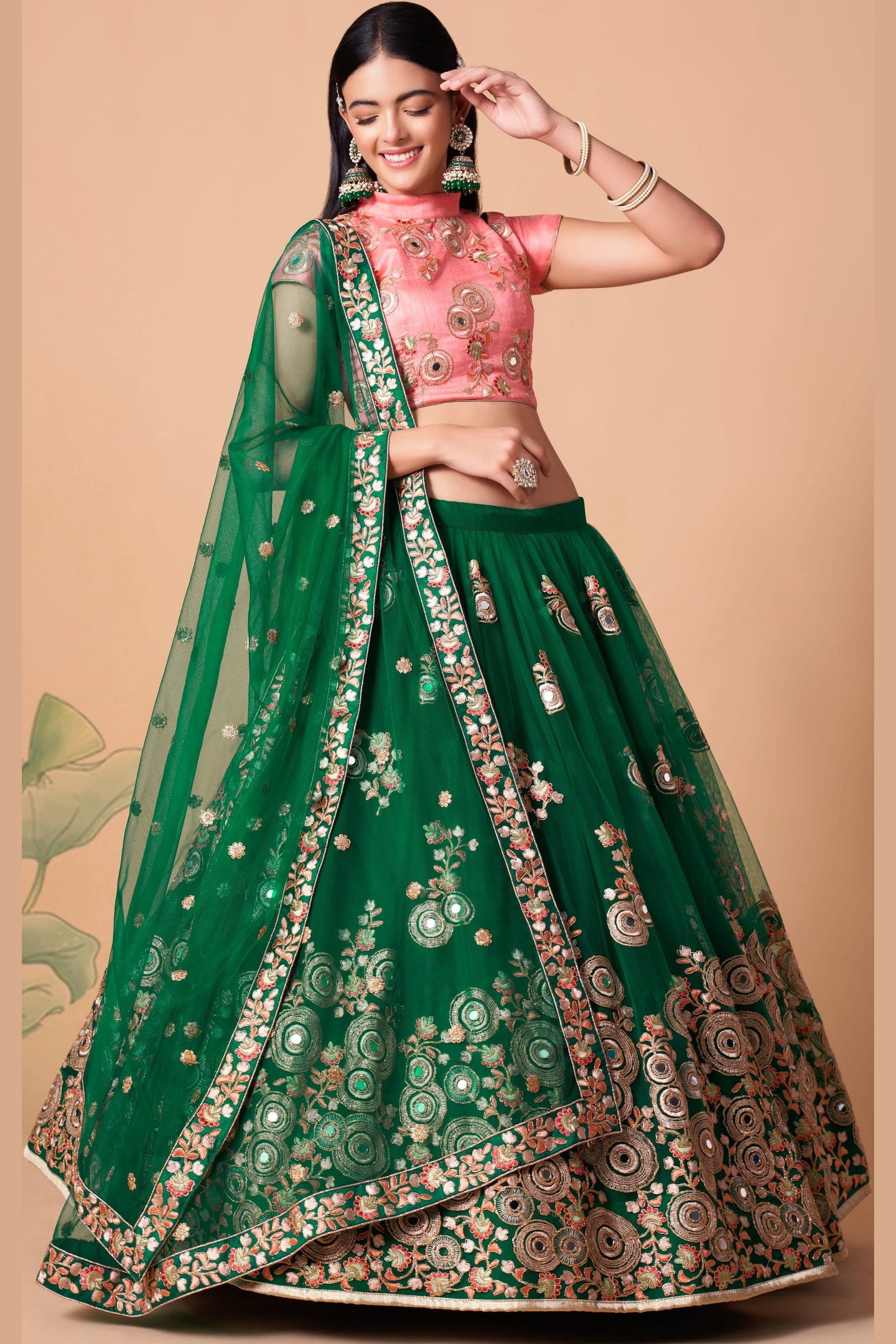 Green Art Silk Lehenga Choli For Indian & Pakistani Wedding Festival - Sequins & Thread Embroidery Work, Zari Work, Real Mirror Work, Mirr