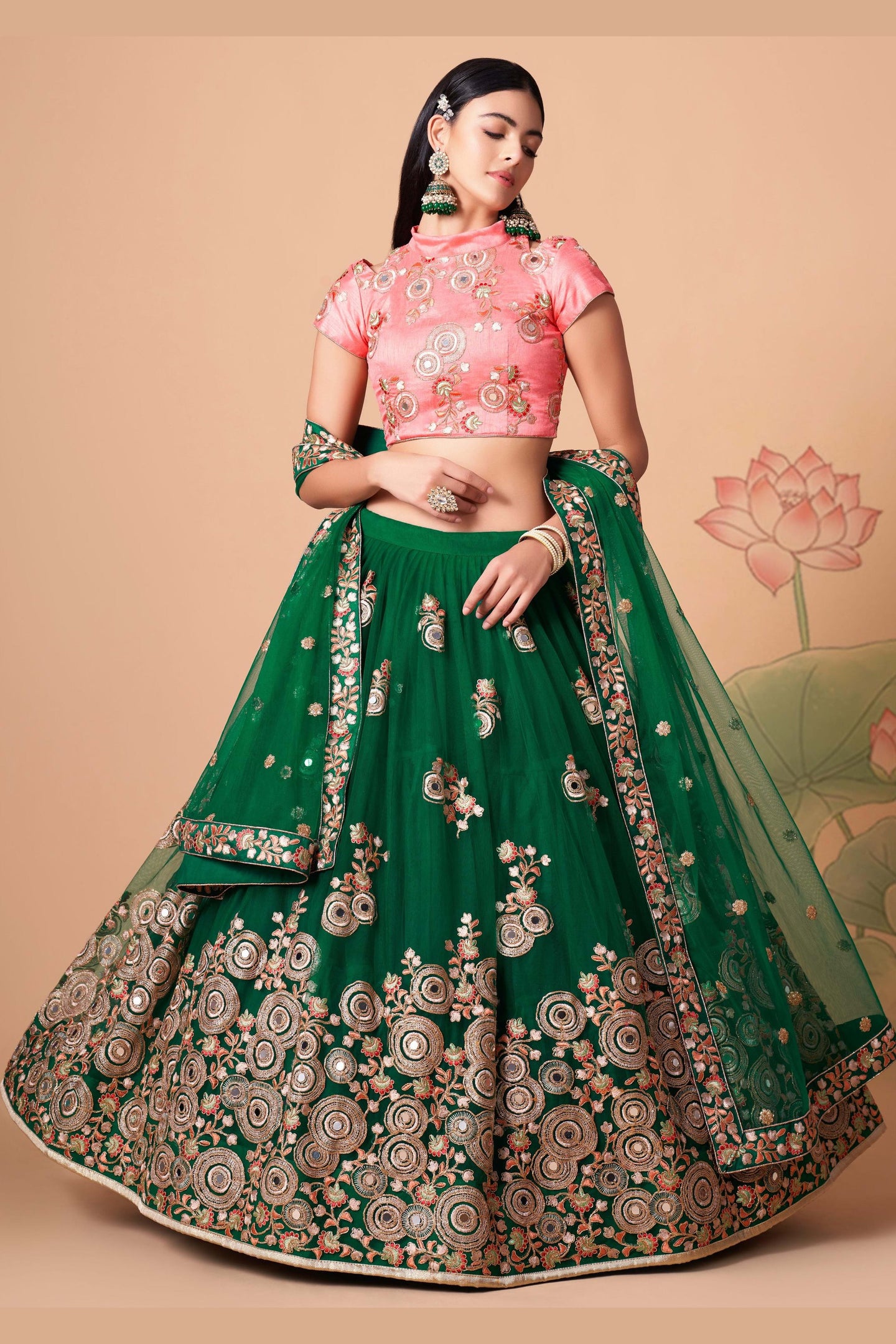 Green Art Silk Lehenga Choli For Indian & Pakistani Wedding Festival - Sequins & Thread Embroidery Work, Zari Work, Real Mirror Work, Mirr