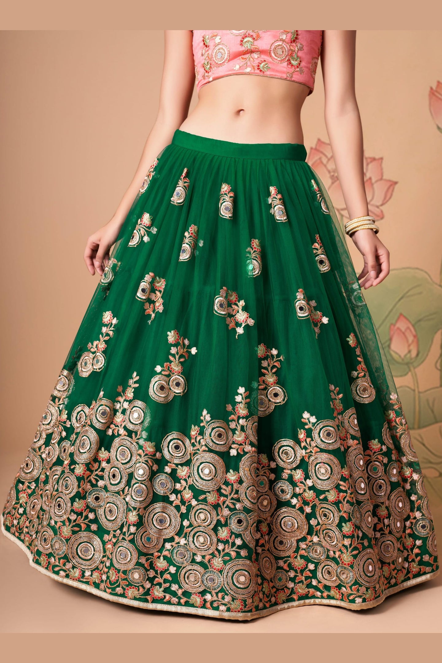Green Art Silk Lehenga Choli For Indian & Pakistani Wedding Festival - Sequins & Thread Embroidery Work, Zari Work, Real Mirror Work, Mirr